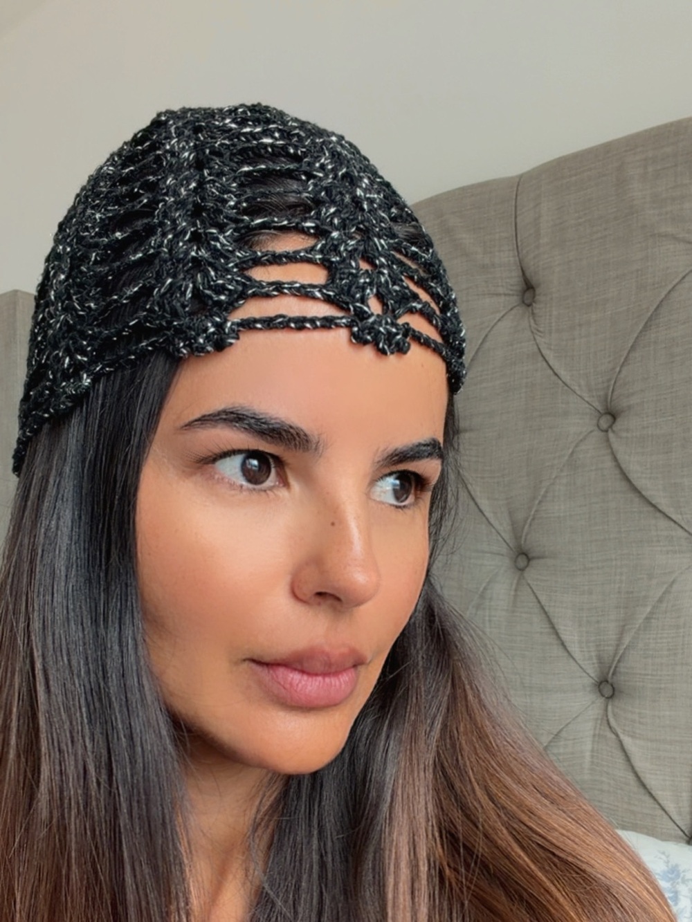 Black Metallic Crochet Beanie Hat - Women Accessories